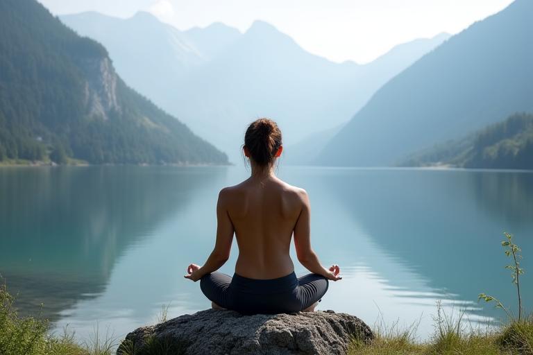 Personne méditant au-dessus d'un lac de montagne