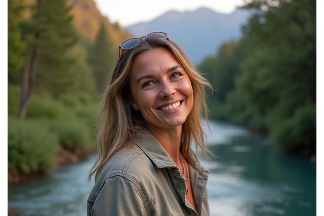 Fondatrice de Sillage Zen souriante dans un paysage naturel luxuriant près d'une rivière de montagne, l'image respire la sérénité et l'aventure.